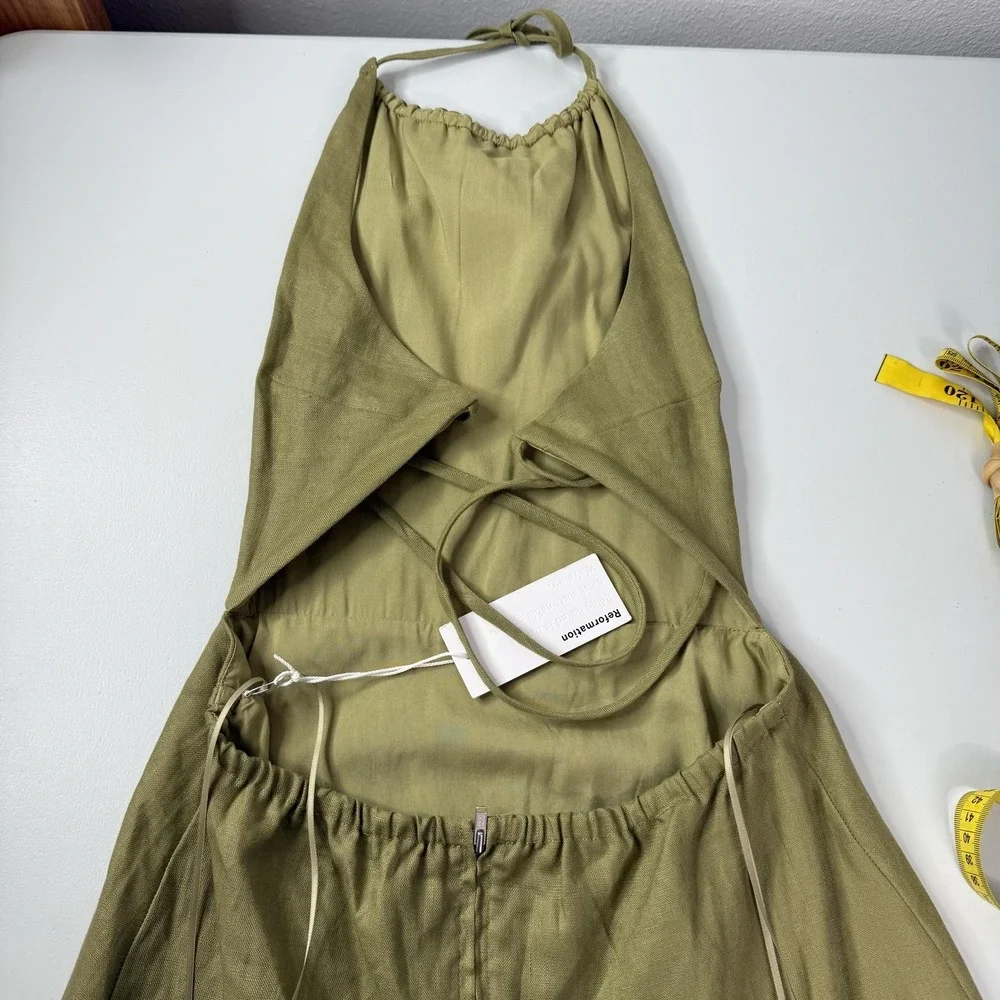 Reformation Dress Womens 6 Green Mini Sundress Halter Linen Lined Open Back‎ Tie